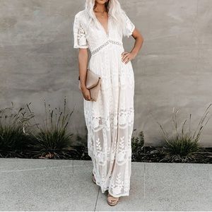 Deep V Neck White Lace Maxi Dress S
